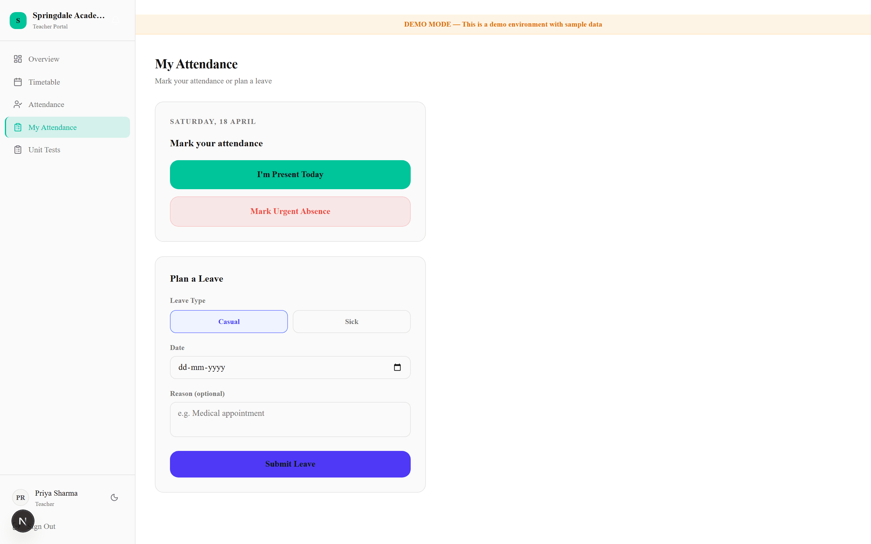 iScoolOS teacher attendance page with leave request and substitution flow